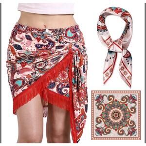 Wrap Skirts For Women, Casual Beach Mini Skirt With Silk 27" Square Scarf,BOHO S